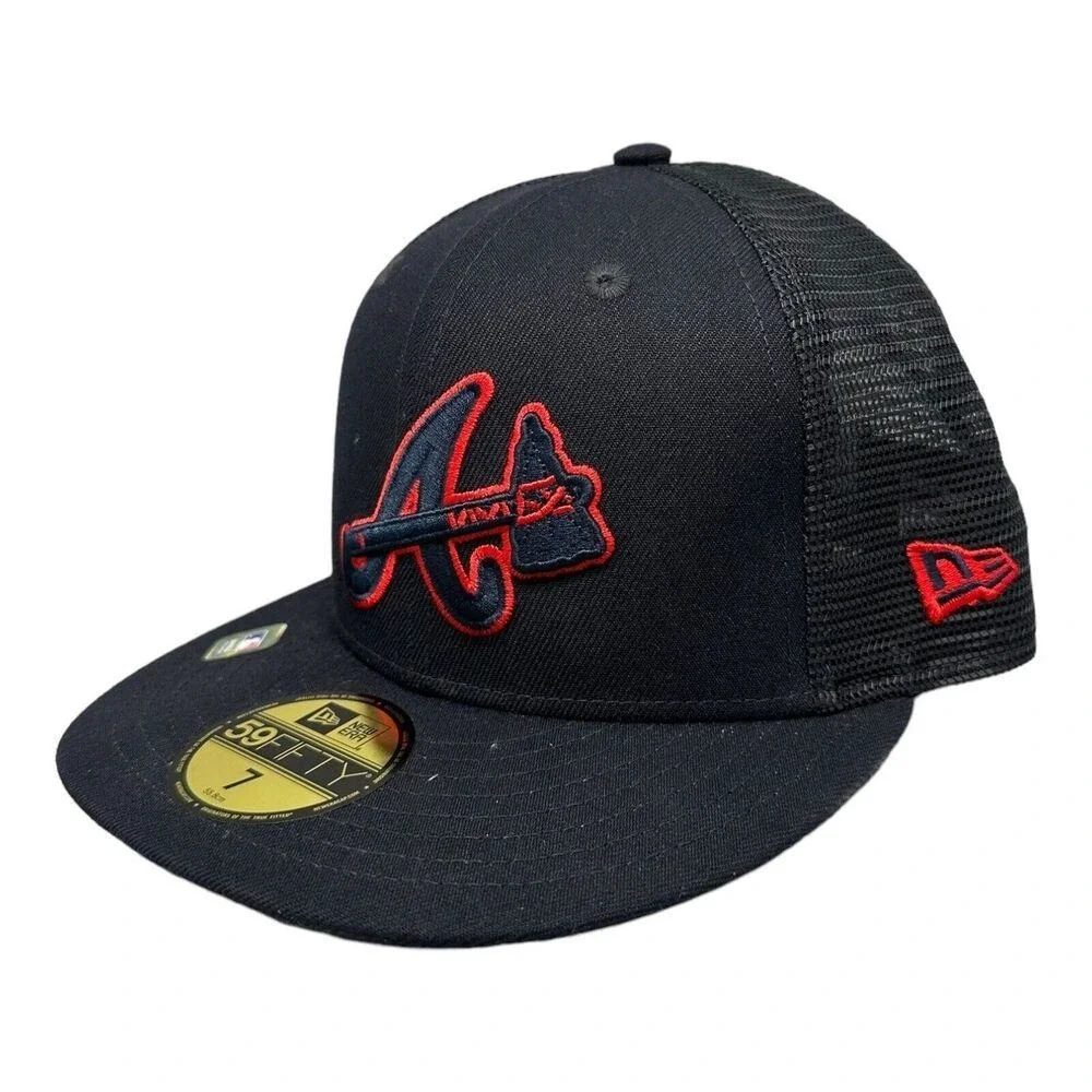 New Era 59FIFTY Atlanta Braves Mesh Black Red‎ Fitted Hat Cap Men's Sz 7 NWT